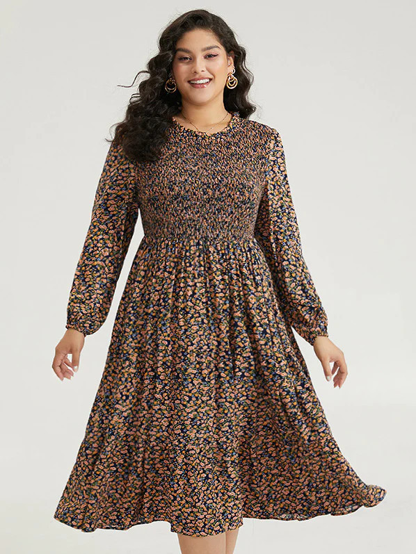 Ditsy Floral Shirred Pocket Pleated Frill Trim Dress | Bloomchic