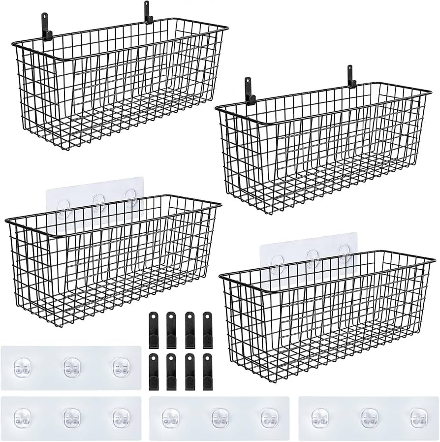 4 Set [EXTRA LARGE] Hanging Wall Mount Storage Baskets w/Adhesive Hooks & Steel Hooks, Multiuse S... | Amazon (US)
