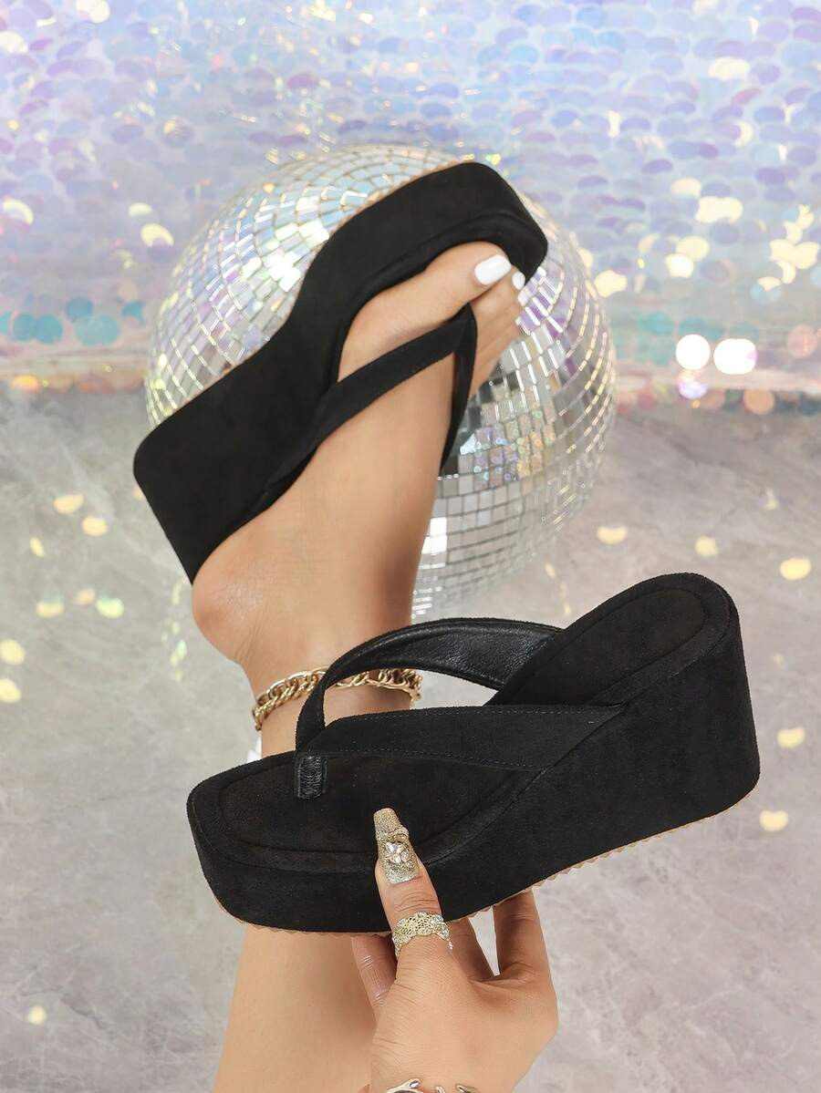 Women's Fashion Black Square Toe Flip Flops Sandals, Suitable For Outdoor Wear: High Heel Design,... | SHEIN