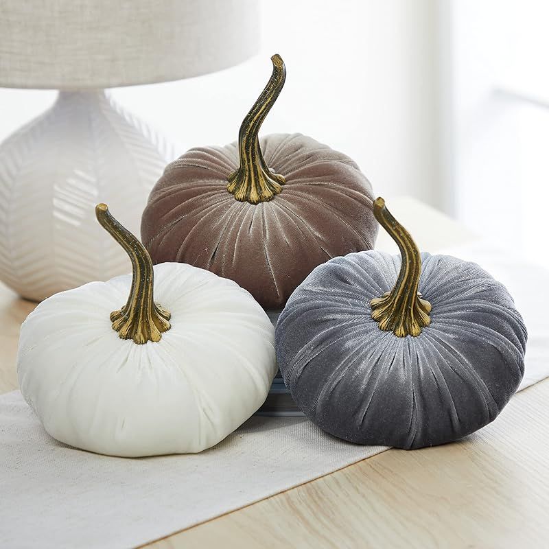 Set of 3 Velvet 6.25 Inch Pumpkins, Holiday Mantle Decor, Fall Halloween Thanksgiving, Rustic Fal... | Amazon (US)