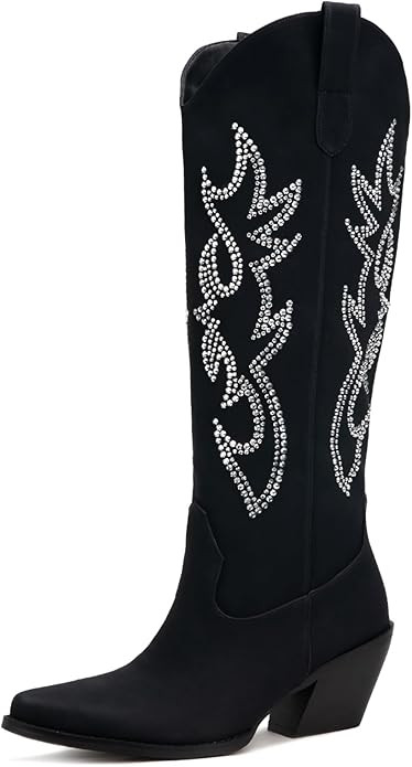 Pasuot Rhinestone Cowboy Boots for Women - Wide Calf Knee High Cowgirl Boots with Side Zipper and... | Amazon (US)