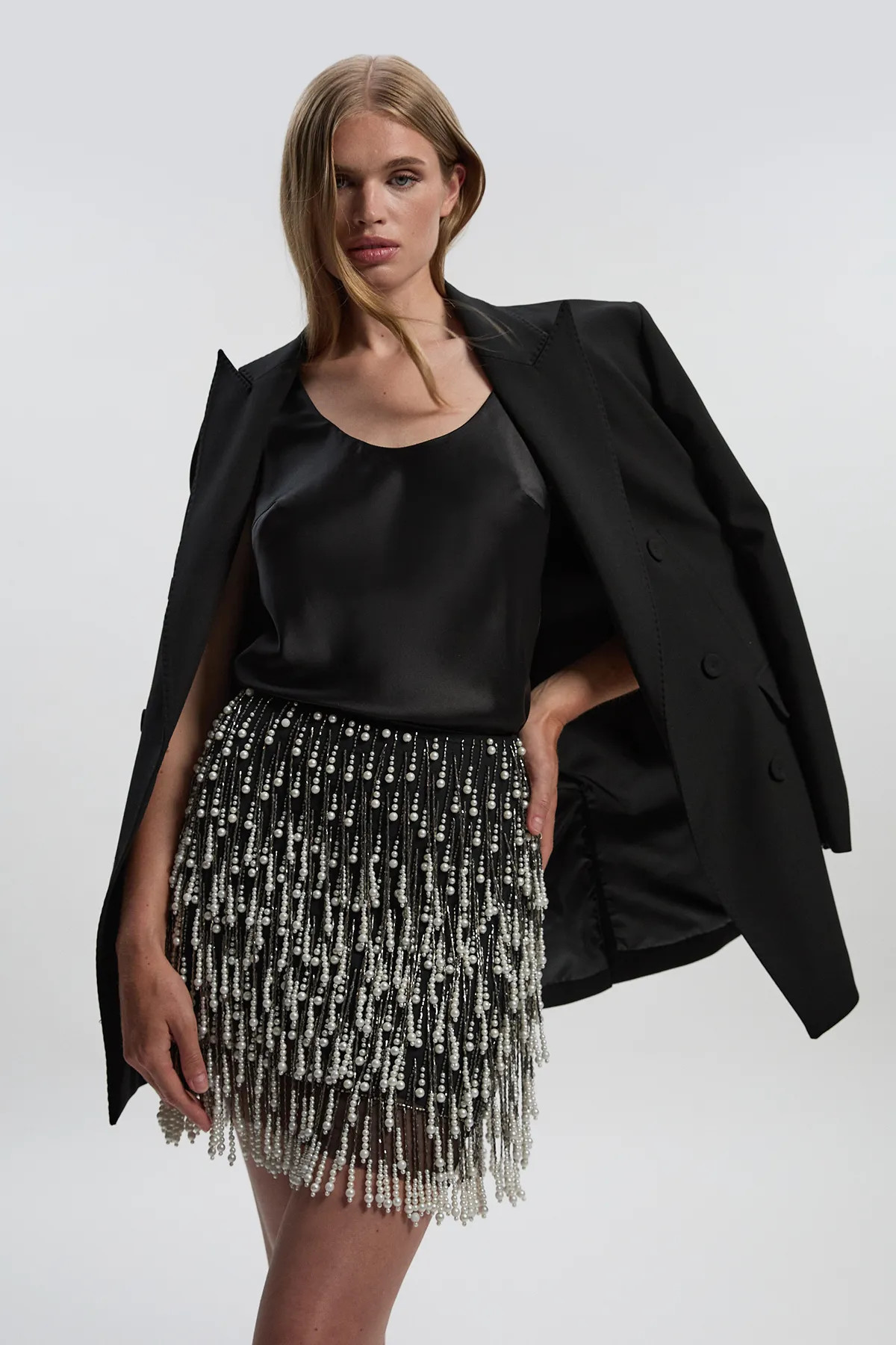 Pearl Tassel Embellished Woven Mini Skirt | Karen Millen UK + IE + DE + NL