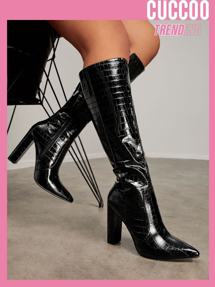 CUCCOO Trending Crocodile Embossed Chunky Heeled Classic Boots | SHEIN
