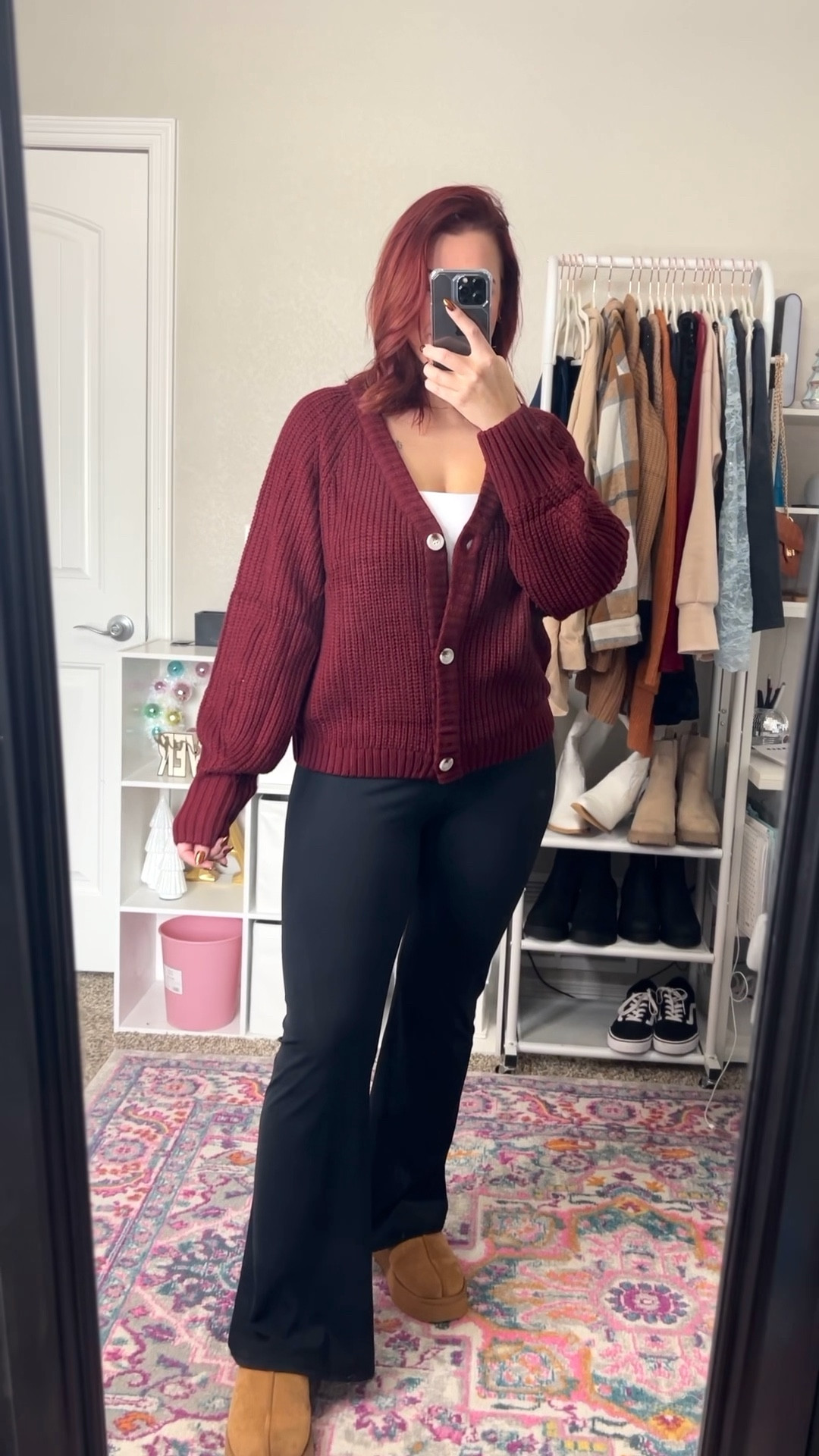 Knitted cropped cardigan, body suit and cross “v” flare leggings with some cloud slippers. Perfect comfy cozy outfit to stay inside and avoid the snow 🙃 wearing a large in the cardigan, large in the body suit and a XL in the flares.

#LTKHoliday #LTKSeasonal #LTKMidsize