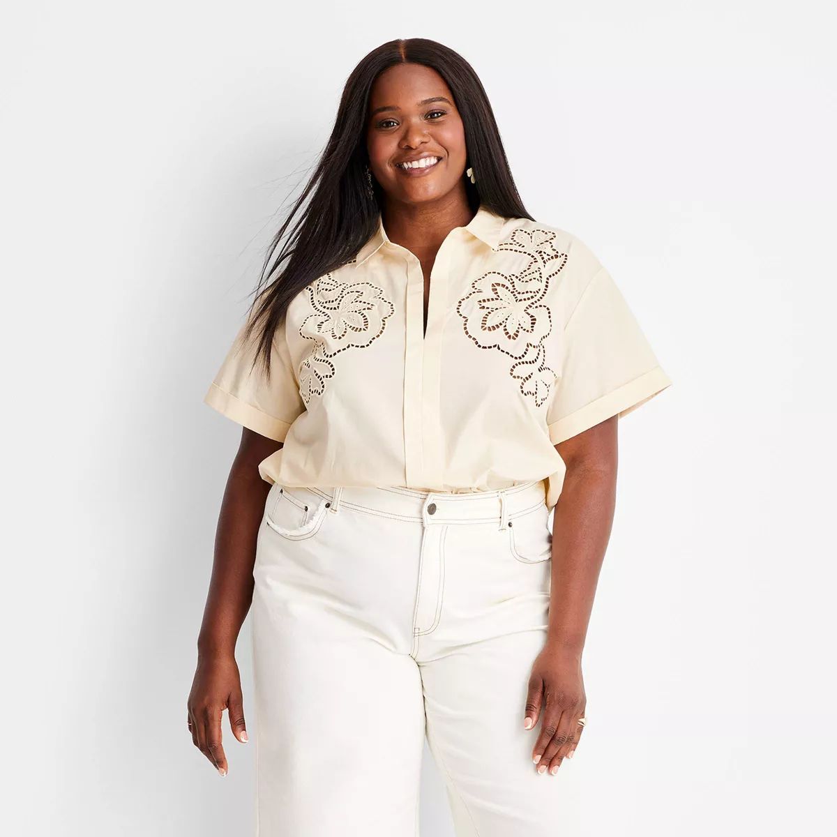 Women's Short Sleeve Eyelet Resort Button-Down Shirt - Future Collective™ with Jenny K. Lopez C... | Target