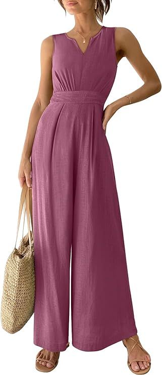 ANRABESS Jumpsuits for Women 2024 Summer Casual Sleeveless V Neck High Waist Wide Leg Dressy Line... | Amazon (US)