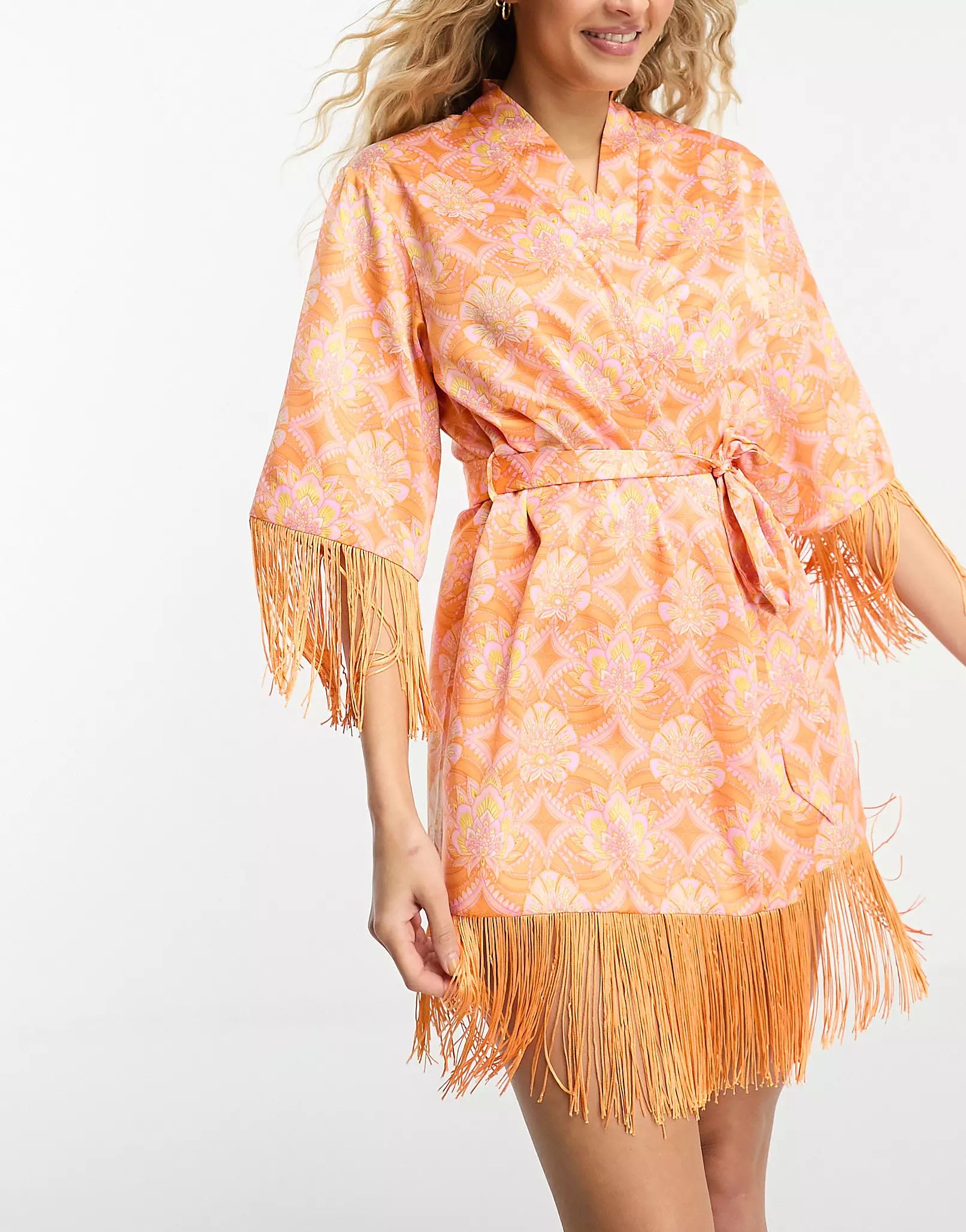 Loungeable satin tassel robe in orange paisley print | ASOS (Global)