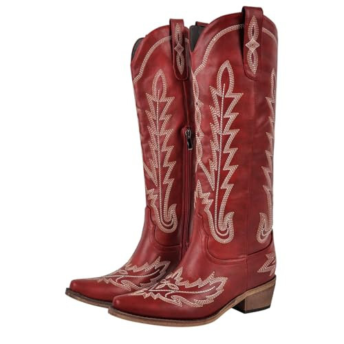 Yolkomo Women's Cowboy Boots Red Knee High Cowgirl Mid Calf Square Toe Chunky Block Low Heel Pointed Toe Pull-On Zipper Leather Embroidered Red Distressed Western Booties Size 9.5 | Amazon (US)