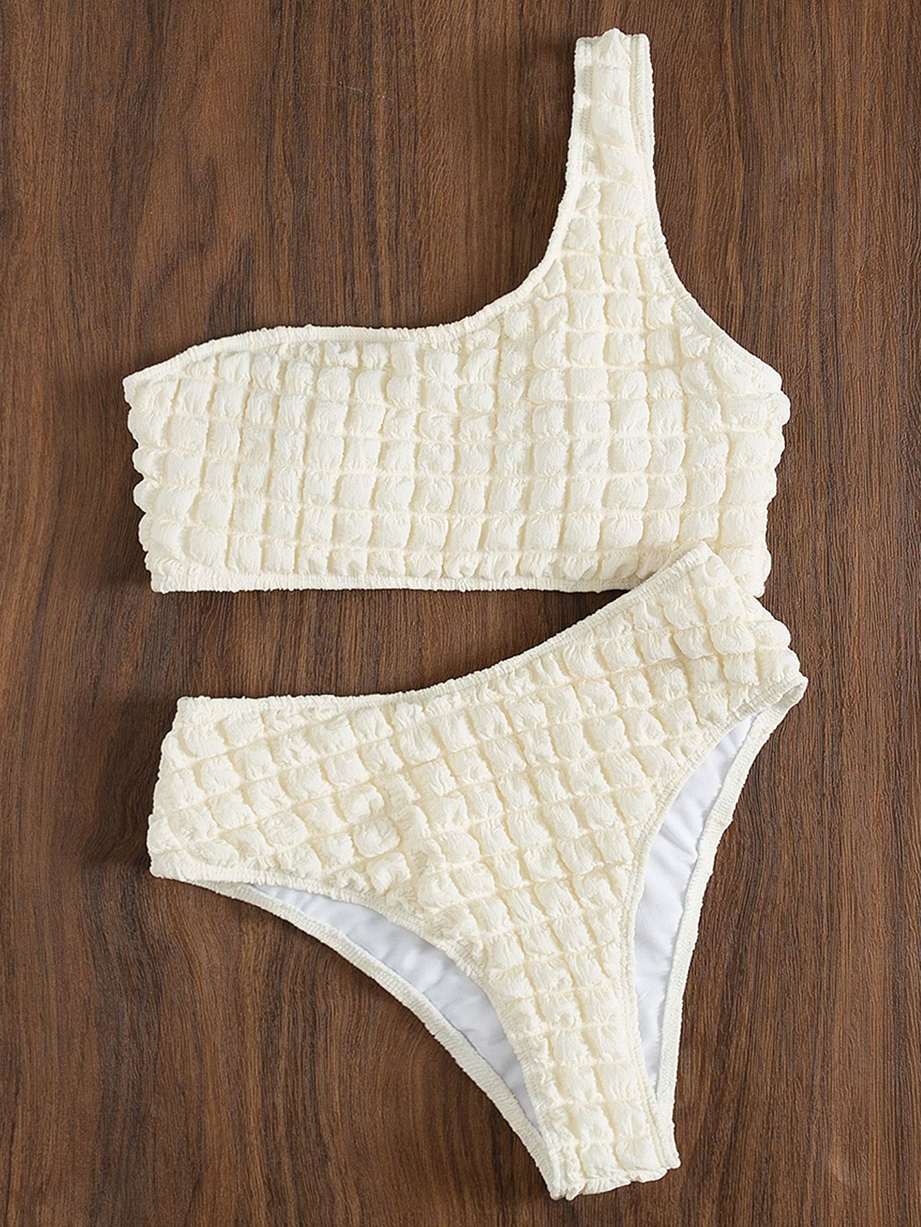Plain Textured One Shoulder Bikini Swimsuit | SHEIN