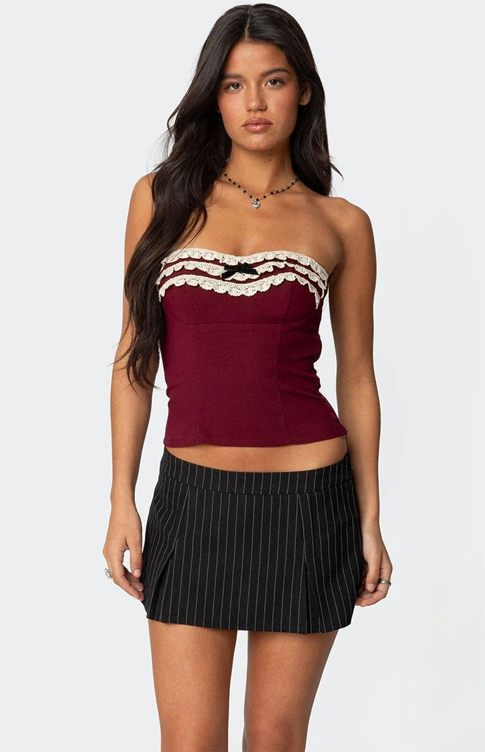 Edikted Women's Eyelet Ruffle Strapless Top in Burgundy - Size Medium | PacSun