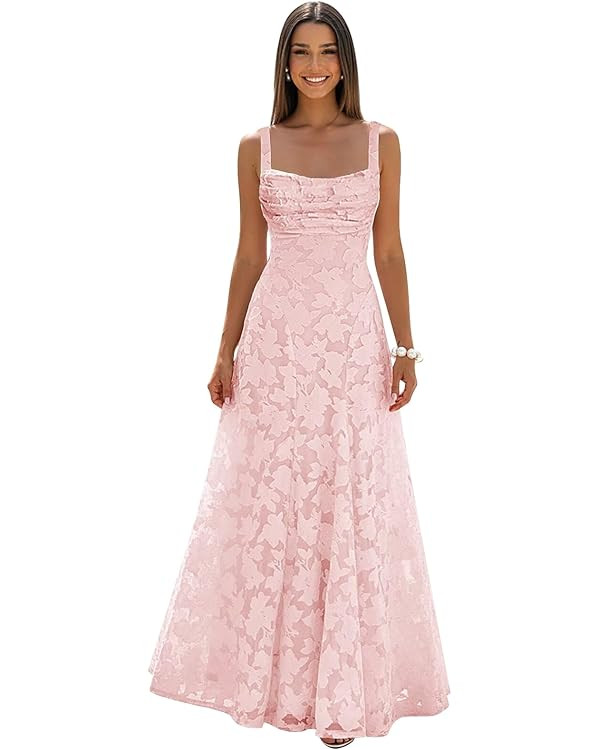 Lace Floral Bridesmaid Dresses for Women Long Square Neck Corset A Line Formal Wedding Guest Dres... | Amazon (US)