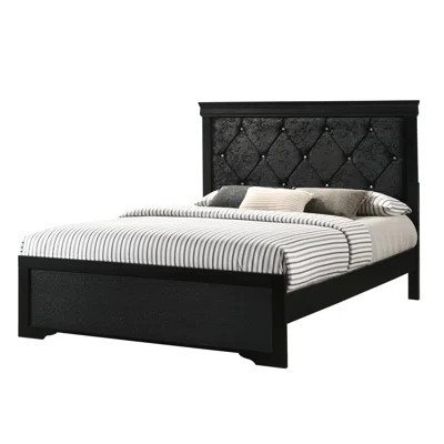 Black Finish King Size Bed With Upholstered Headboard And Enticing Button Tufting, Wood Foundation Element Exquisite | Wayfair North America