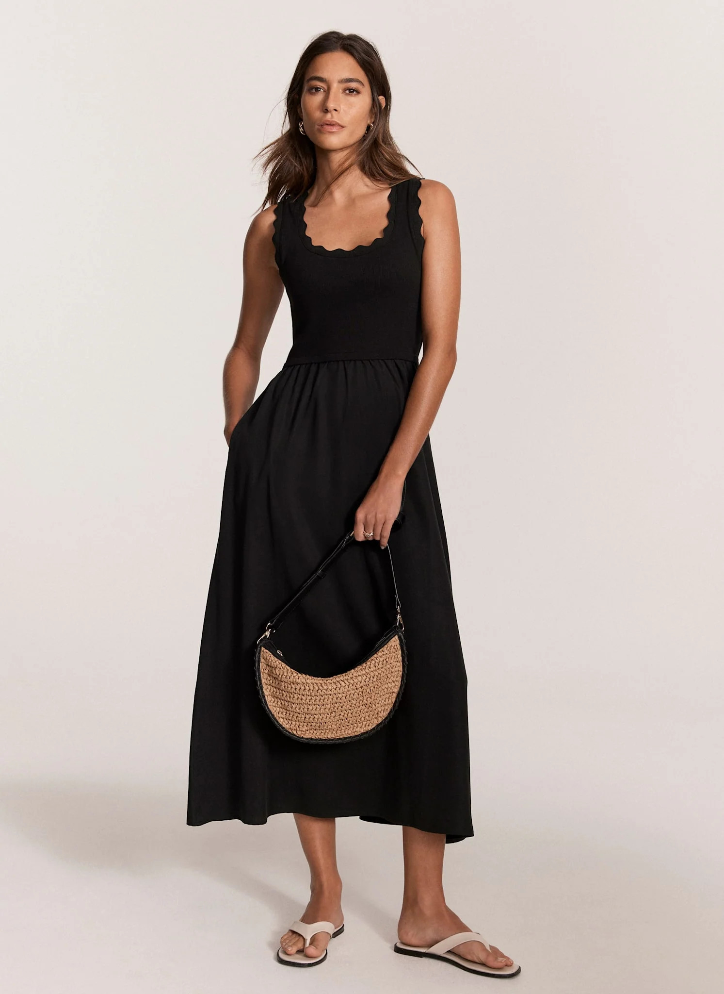 Black Scallop Trim Midi Dress | Mint Velvet