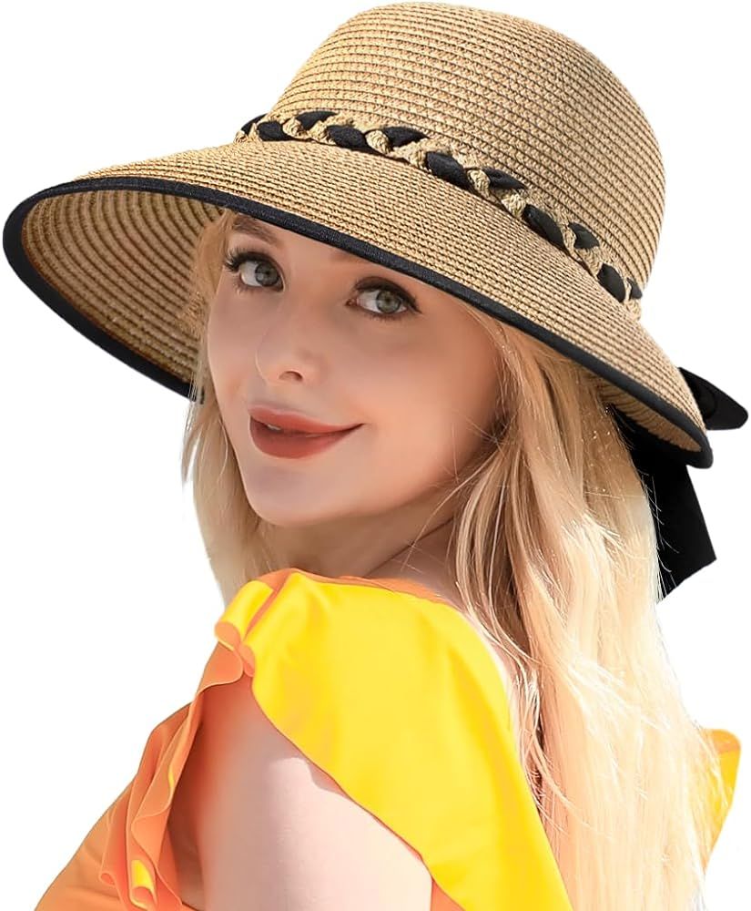 Beach Hats for Women, Straw Hat for Women UPF 50+ UV Sun Protection Foldable Sun Hat | Amazon (US)