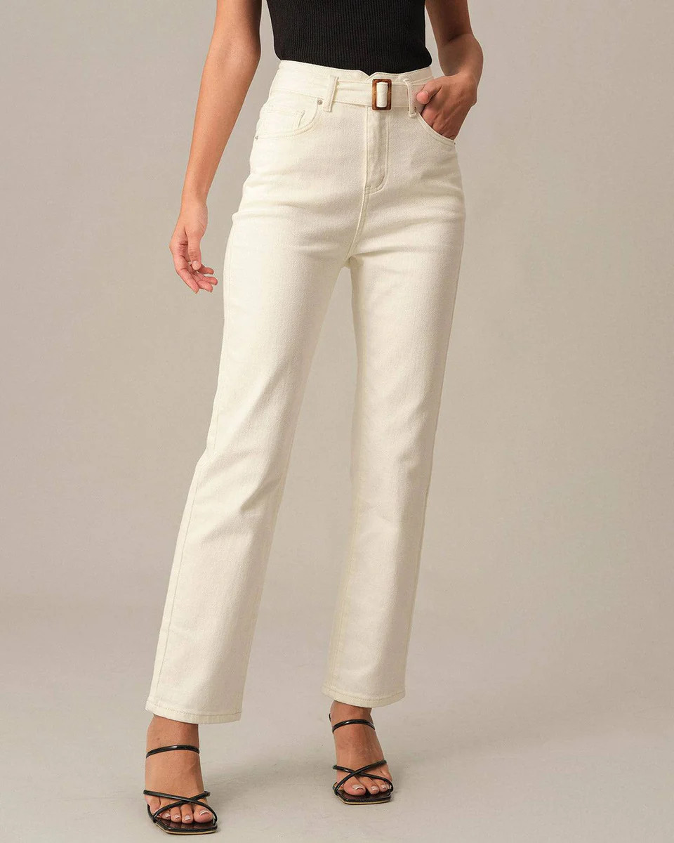 The Solid Belted Straight Jeans & Reviews - White - Denim | RIHOAS | rihoas.com