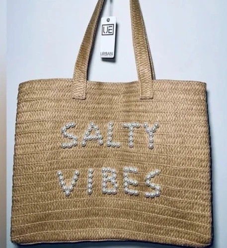 Urban Expressions woven beach bag Tan with pearl “Stay Salty” Style Brand New | eBay US