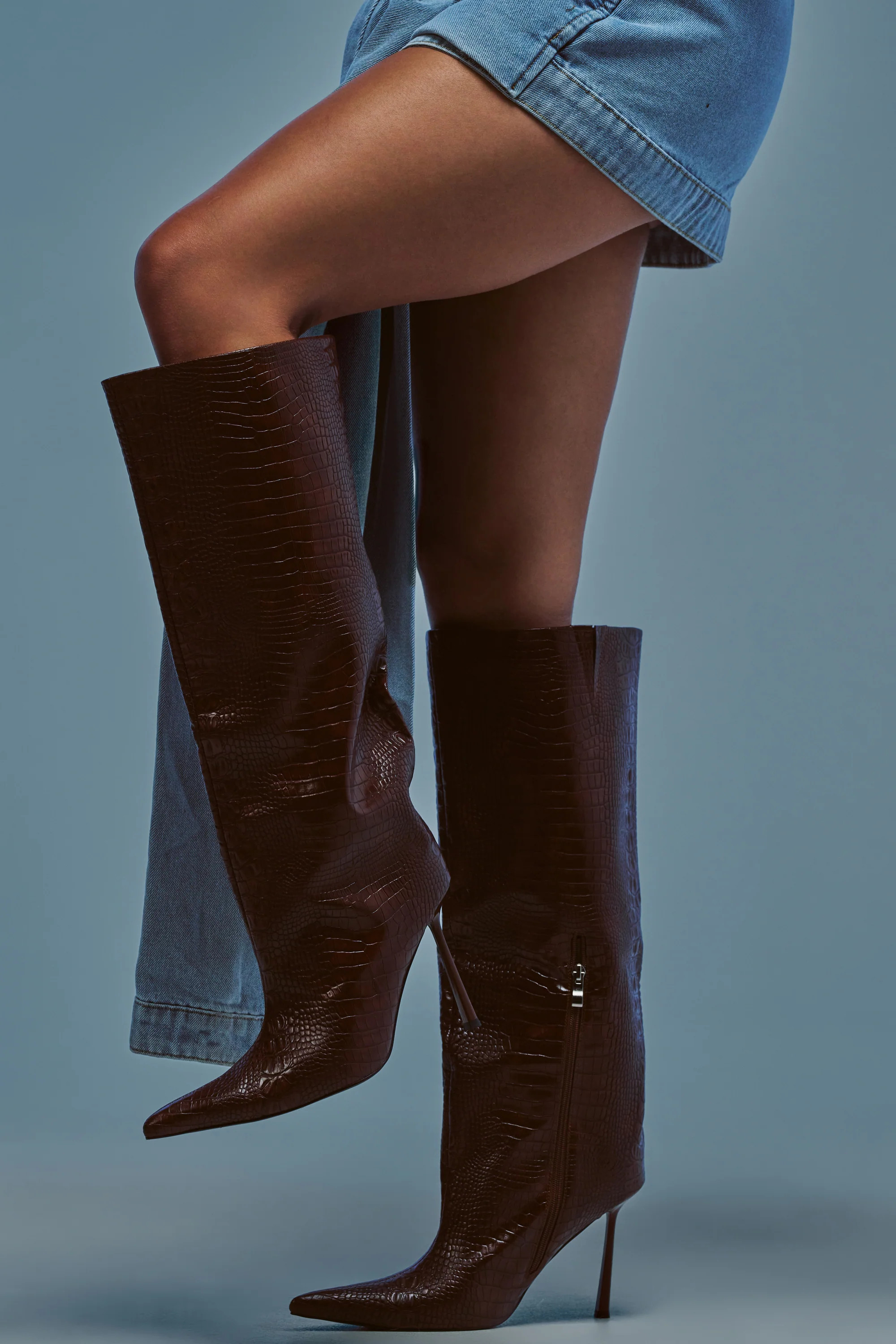 AZALEA WANG MADEYE BROWN CROC KNEE HIGH STILETTO BOOT | AKIRA
