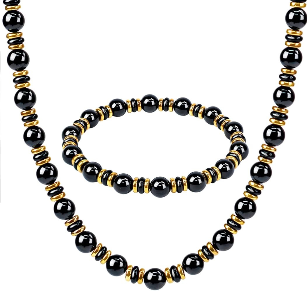 Gemstone Beaded Necklace for Women, Trendy 18K Gold Plated Hematite Natural Stone Bead Choker, Bo... | Amazon (US)