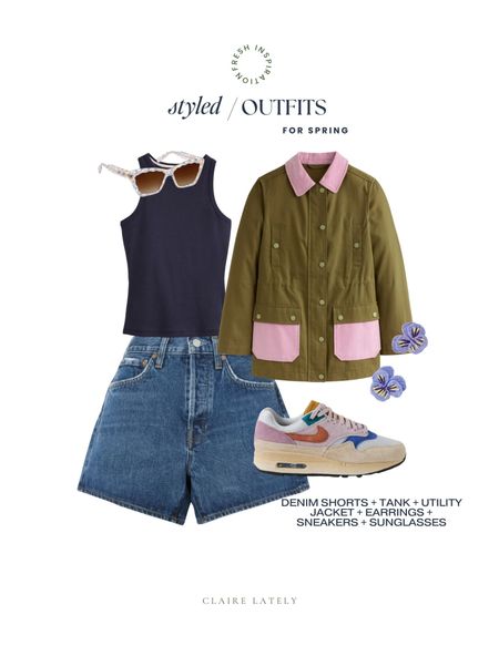 Styled outfit idea from the Spring Closet checklist - utility jacket, sneakers, statement earrings, sunglasses, racerback tank, denim shorts 

Download the free guide over on CLAIRELATELY.com 👉🏼

#LTKSeasonal #LTKstyletip #LTKsalealert