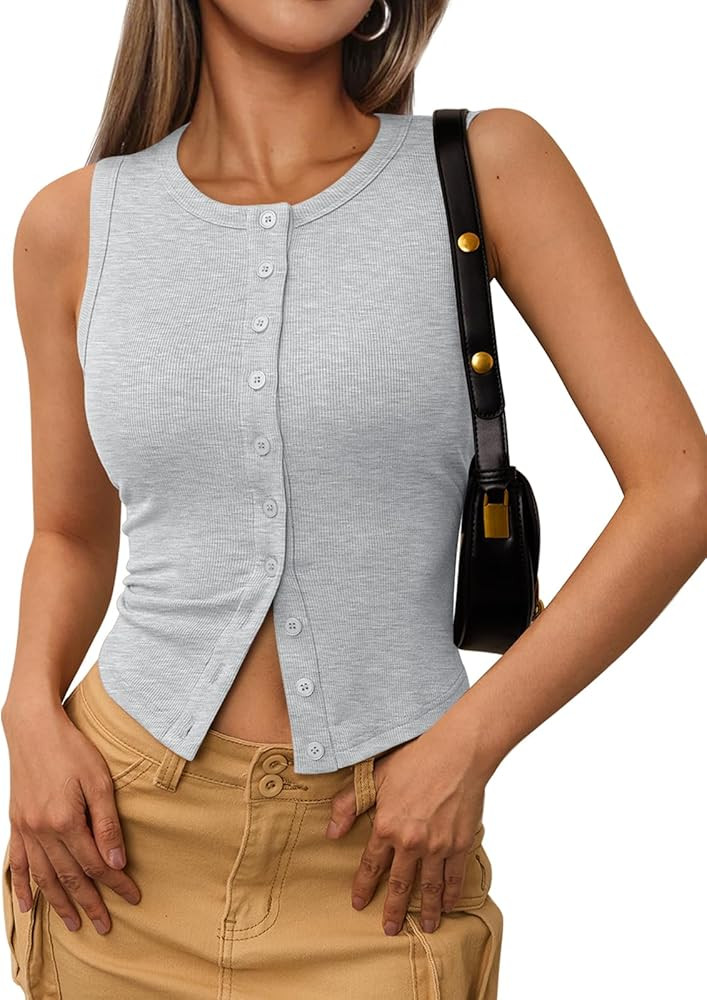 Trendy Queen Womens Ribbed Button Down Going Out Crop Tank Top | Amazon (US)