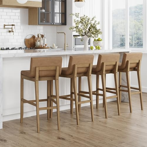 Nathan James Gracie Modern Upholstered Bar Chair, Wooden Bar Stool for Kitchen Island with Faux Leather Upholstery, Light Brown, Set of 4 | Amazon (US)