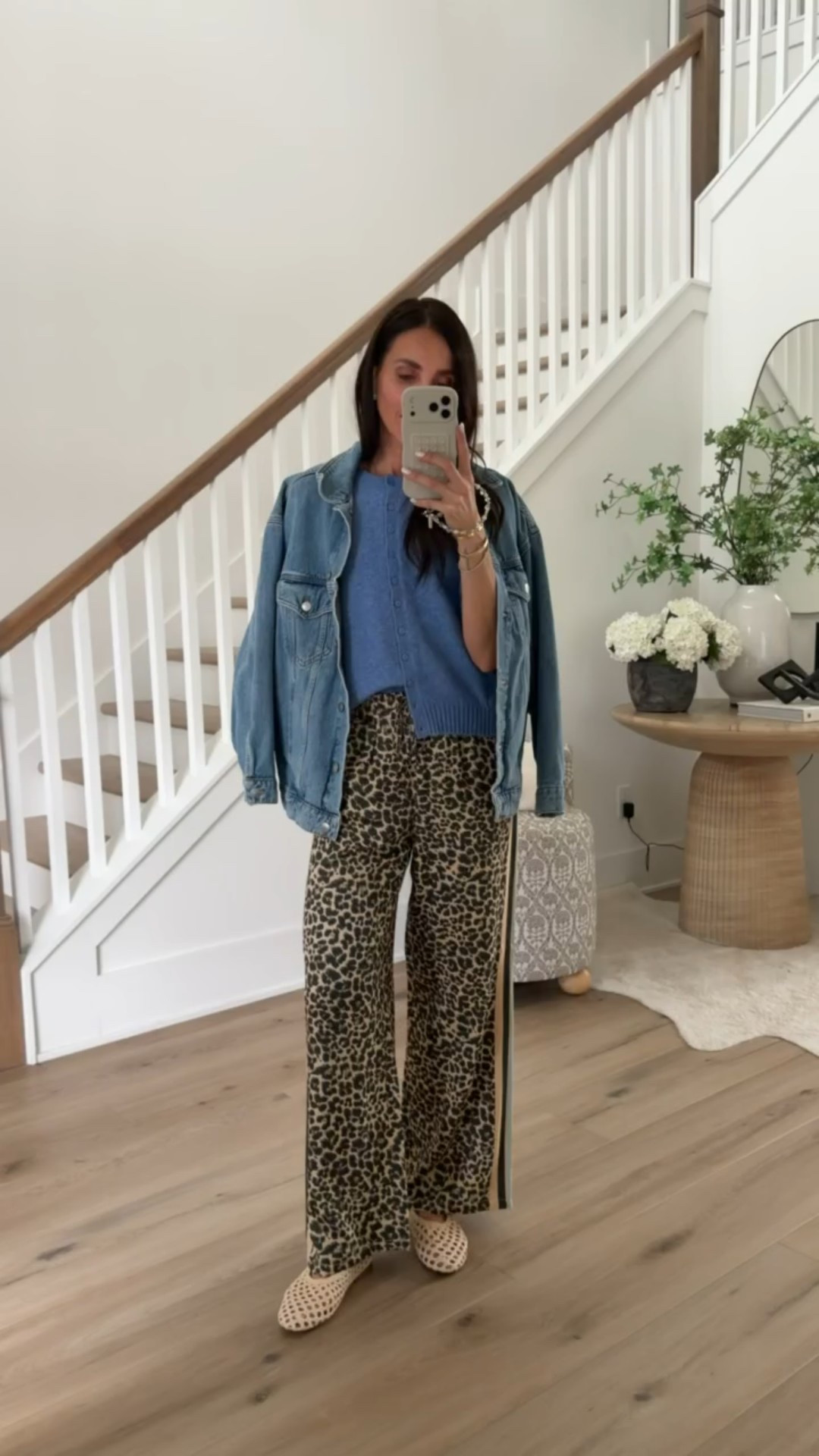 Leopard print flowy pants, oversized denim jacket, mesh ballet flats, fun spring look, anthropologie, annabrstyle.

#LTKOver40 #LTKootd