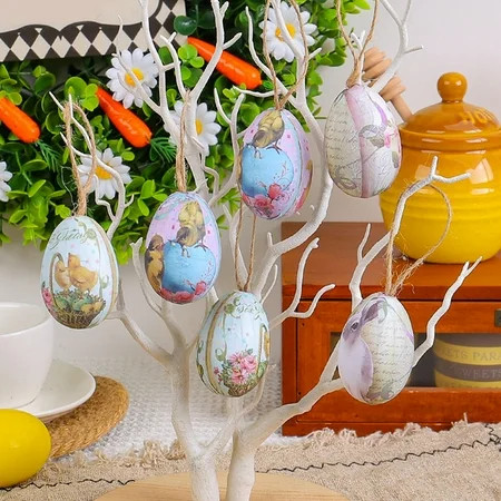 Taotanxi 6Pcs Vintage Style Paper Mache Foam Egg Hanging Ornaments Easter Decoration - With Basket | Walmart (US)