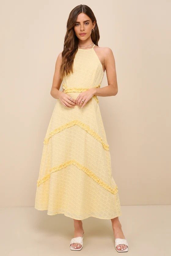 Perfectly Serene Light Yellow Eyelet Ruffled Tie-Back Midi Dress | Lulus