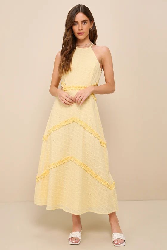 Light Yellow Eyelet Ruffled Tie-Back Midi Dress | Light Yellow Dress | Pale Yellow Dress | Lulus