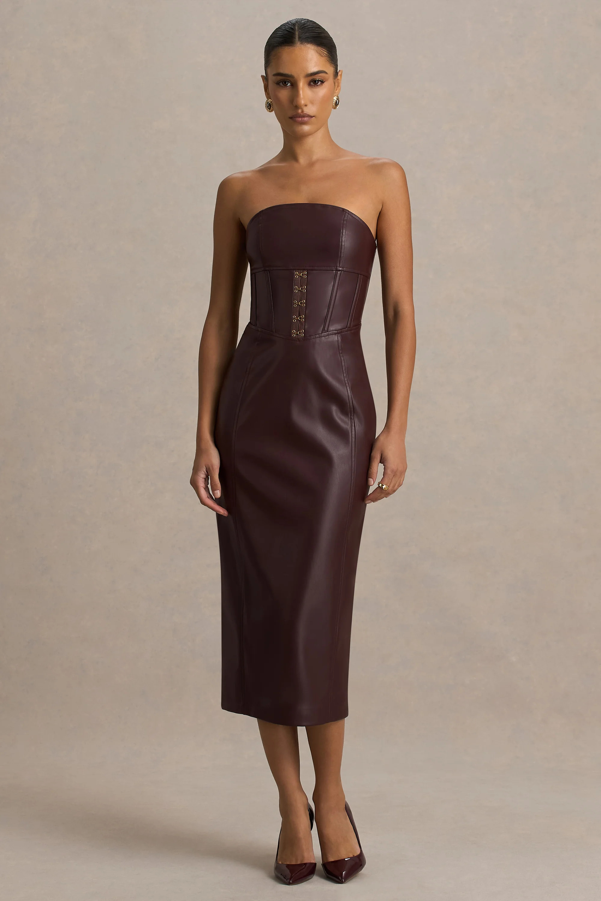 Zola | Burgundy Faux Leather Bandeau Midi Dress | Club L London
