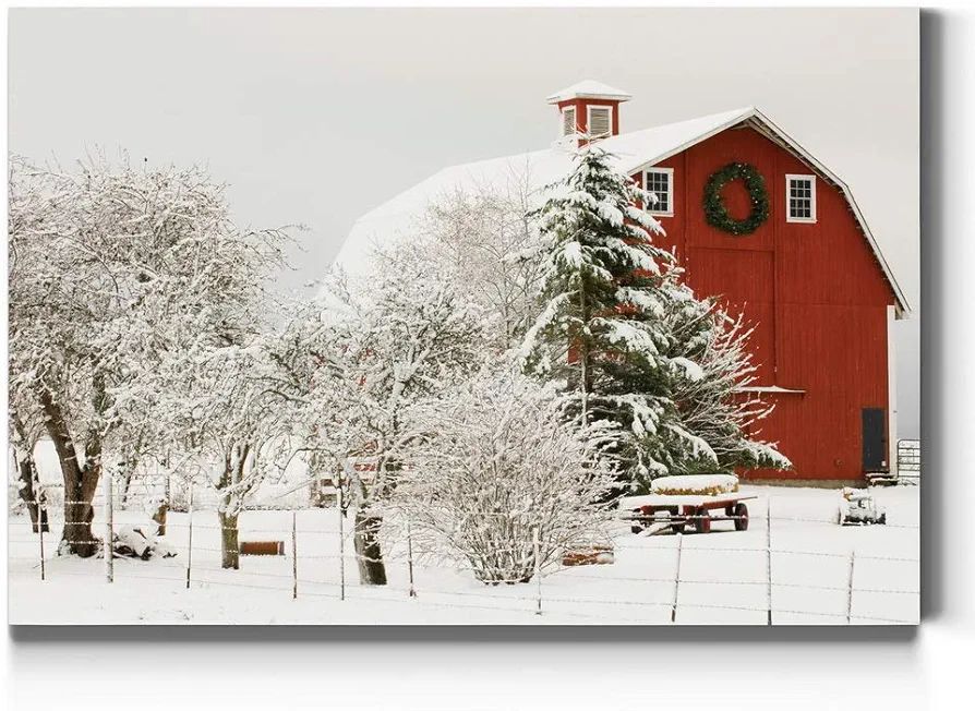 Renditions Gallery Canvas Nature Wall Art Home Paintings & Prints Snow Covered Covered Red Barn M... | Amazon (US)