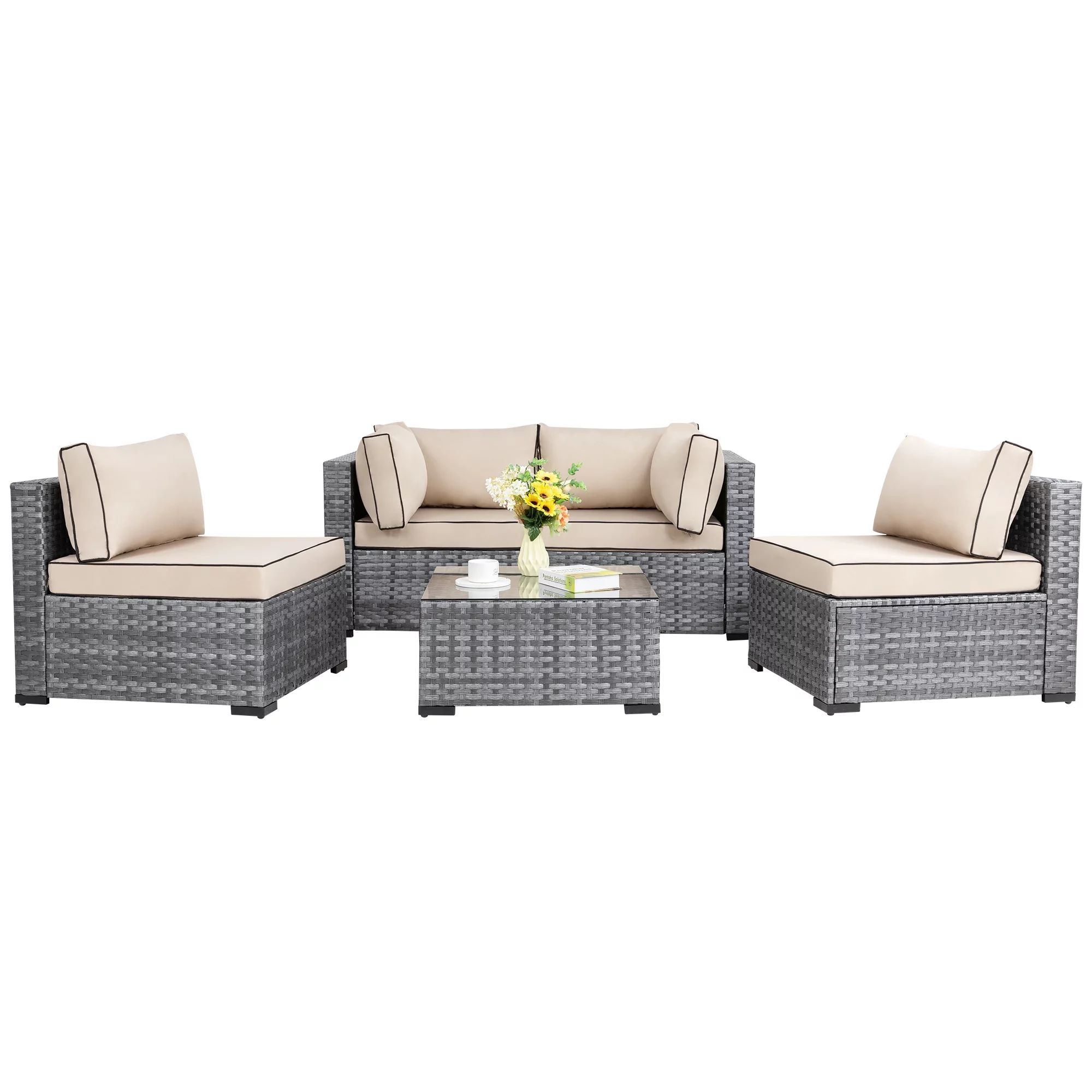Walsunny 5 Pieces Patio Furniture Sets, Wicker Rattan Outdoor Sectional Sofa with Glass Table and... | Walmart (US)