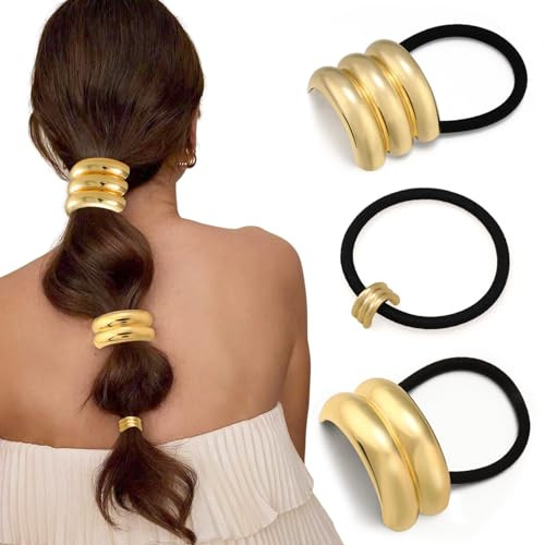 3PCS Gold Hair Ties, Metal Hair Ties for Thick Hair, Elegant Durable Geometric Design, Gold Hair Accessories Stretchy and Non-Damage Ponytail Holders | Amazon (US)
