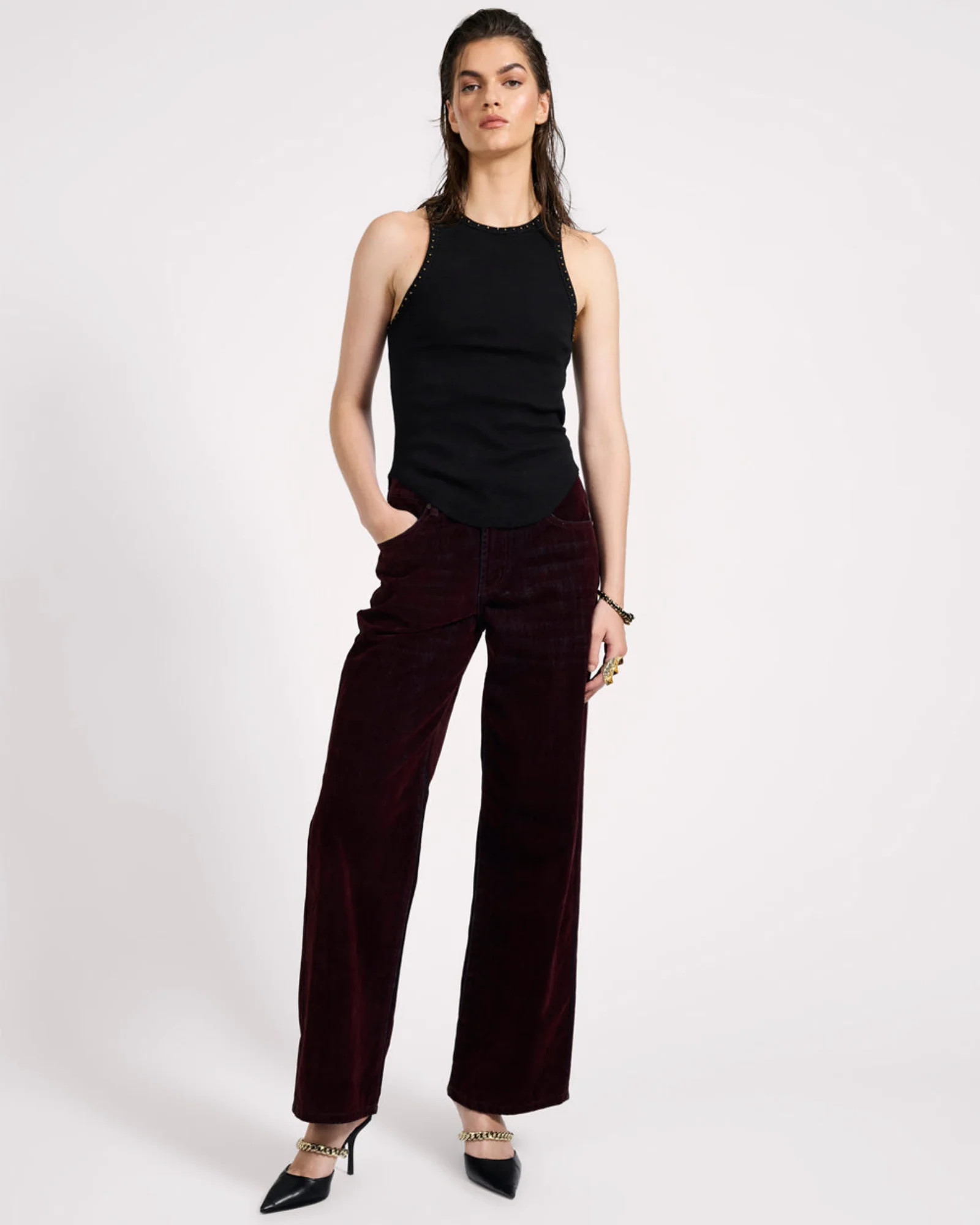 One Teaspoon Jackson Mid Waist Wide Leg Velvet Finish Denim Jeans - Flocked Maroon Size 25 | OneTeaspoon