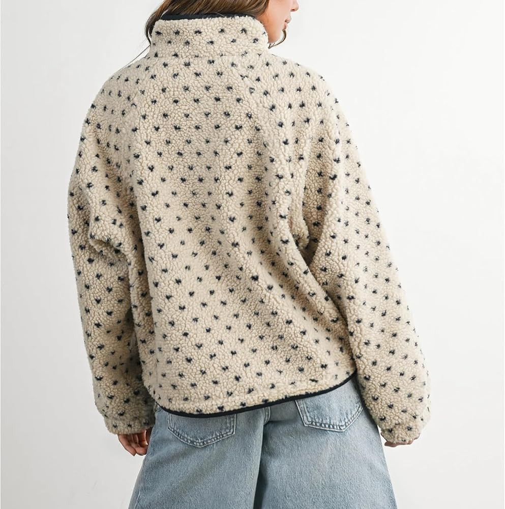 Slouchy Fleece Jacket Women Long Sleeve Button Down High Neck Polka Dot Puffer Jackets Sherpa Ove... | Amazon (US)