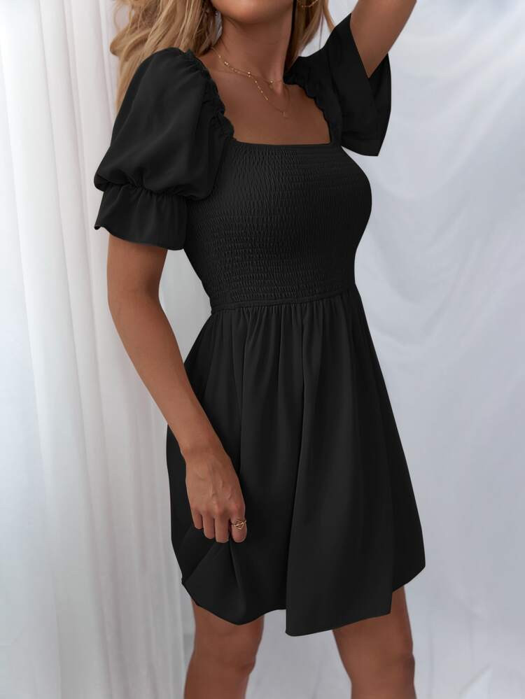 Shirred Bodice Solid Dress | SHEIN