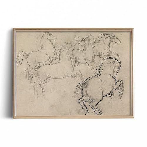 Vintage Farmhouse Horse Wall Art - Horse Drawing Etching Rustic Gray Picture - Beige Equine Pony ... | Amazon (US)