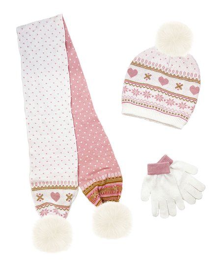 Ivory & Pink Heart Jacquard Pom-Pom Scarf Set | Zulily