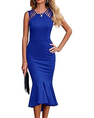 PRETTYGARDEN Women's Elegant Midi Bodycon Dress Sleeveless Backless Ruffle Hem Mermaid Formal Coc... | Amazon (US)