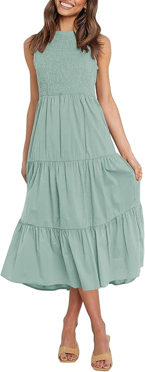 ZESICA Women's Summer Casual Sleeveless Crew Neck Smocked High Waist Flowy Tiered A Line Midi Dre... | Amazon (US)
