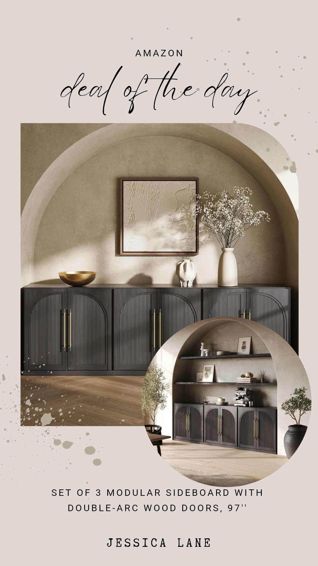 Create a custom look with this 97-inch set of three modular sideboards featuring unique double arc wood doors. These versatile units offer expansive storage and a high-end architectural aesthetic for large walls.#interiors #woodfurniture #storagesolutions #homestaging

#LTKSaleAlert #LTKHome