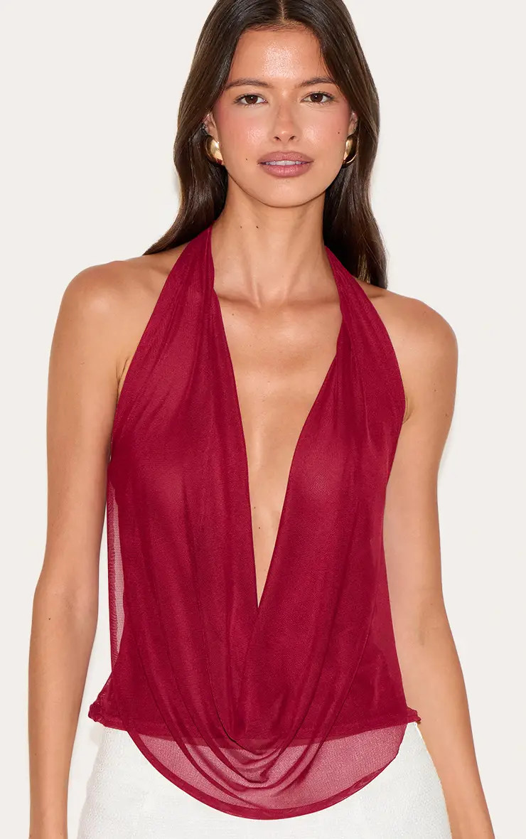 Deep Red Mesh Halter Neck Top | PrettyLittleThing US