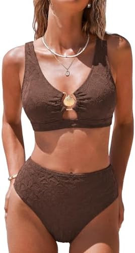 Women High Waisted Bikini Sets, 2 Piece Swimsuits Tummy Control, Textured Bathing Suit, Metal Cut... | Amazon (US)