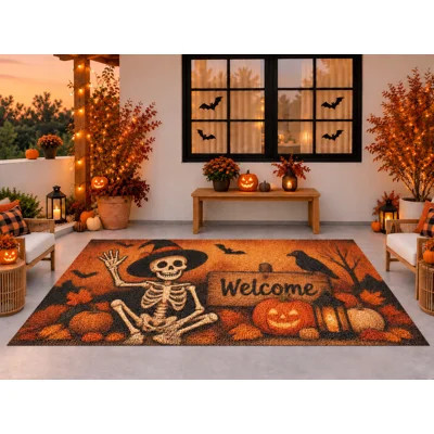 5' x 7' Outdoor Area Rug, Waving Skeleton Welcome Pumpkins Halloween Pattern, Waterproof PVC Coil Loop Carpet, Heavy Duty Quick Dry Mat for Porch Deck | Wayfair North America