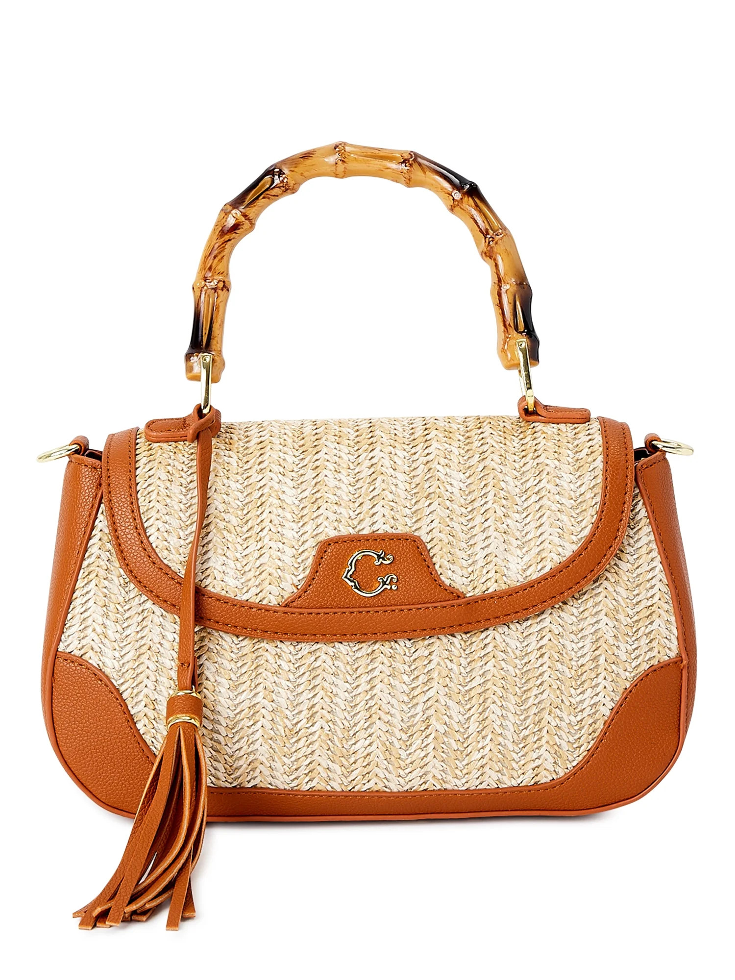 C. Wonder Women’s Adult Jasmine Faux Straw Shoulder Bag with Bamboo-Look Handle Cognac - Walmar... | Walmart (US)