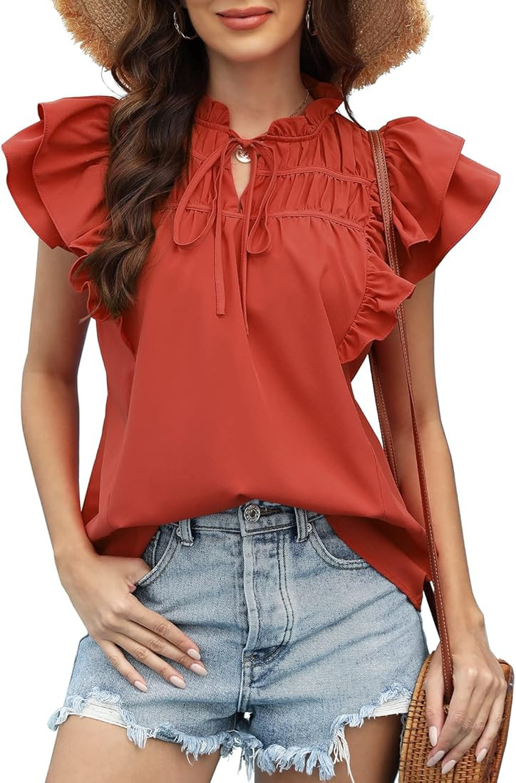 Womens Ruffle Short Sleeve Tops V Neck Tie Drawstring Flutter Solid Blouses | Amazon (US)