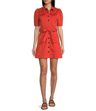 Chelsea & Violet Short Puff Sleeve Button Front Washed Canvas Belted Mini Dress | Dillard's | Dillard's