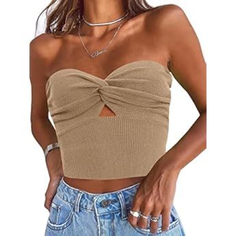 EFAN Womens Cut Out Twist Knot Front Tube Tops Bandeau Ribbed Knit Y2K Sexy Strapless Crop Tank B... | Amazon (US)