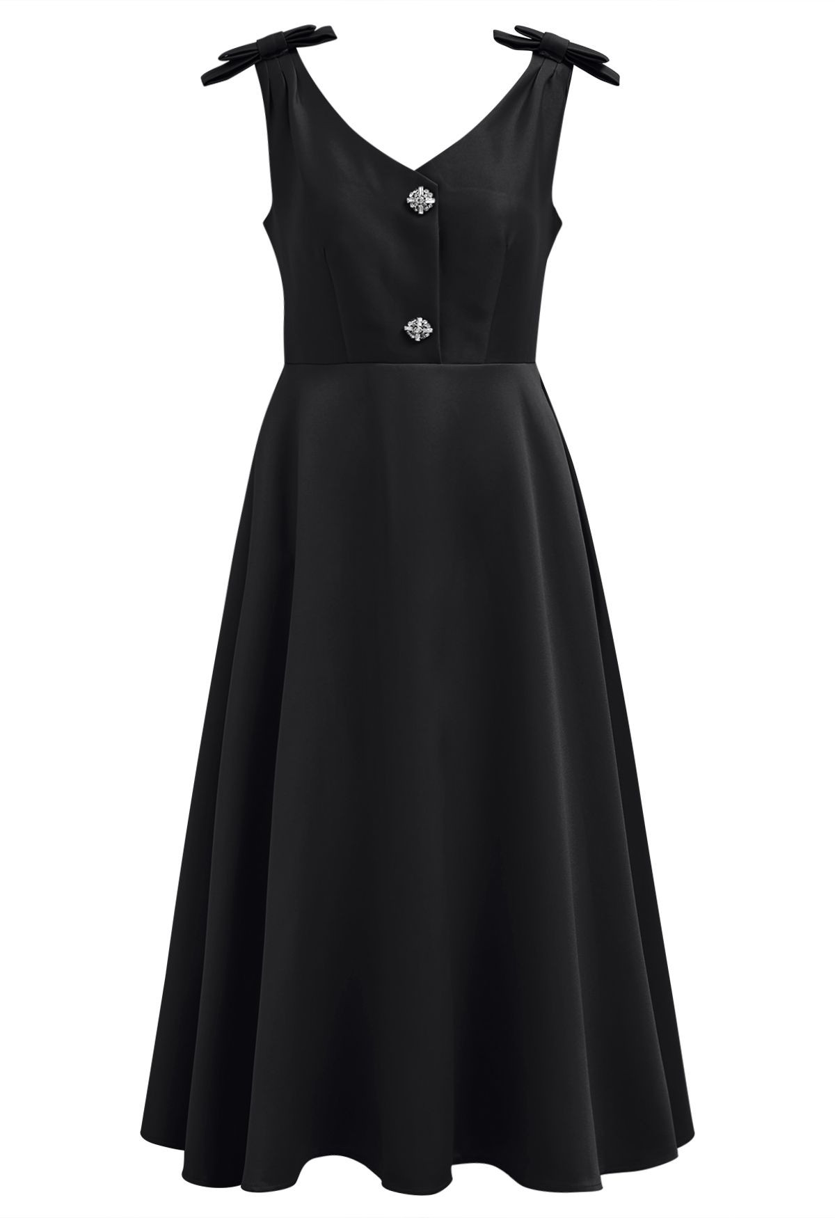 Bow Shoulder Zircon Button Midi Dress in Black | Chicwish