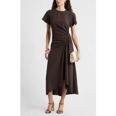 Nordstrom Split Sleeve Side Smocked Midi Dress in Blue Floaty at Nordstrom, Size X-Small | Nordstrom